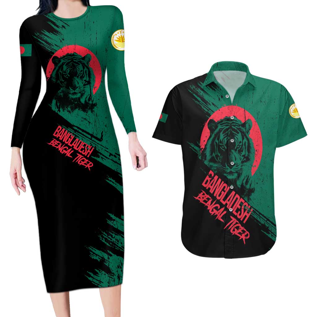 Bangladesh Bengal Tiger Couples Matching Long Sleeve Bodycon Dress and Hawaiian Shirt with National Flag and Emblem Design