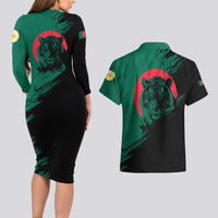Bangladesh Bengal Tiger Couples Matching Long Sleeve Bodycon Dress and Hawaiian Shirt with National Flag and Emblem Design