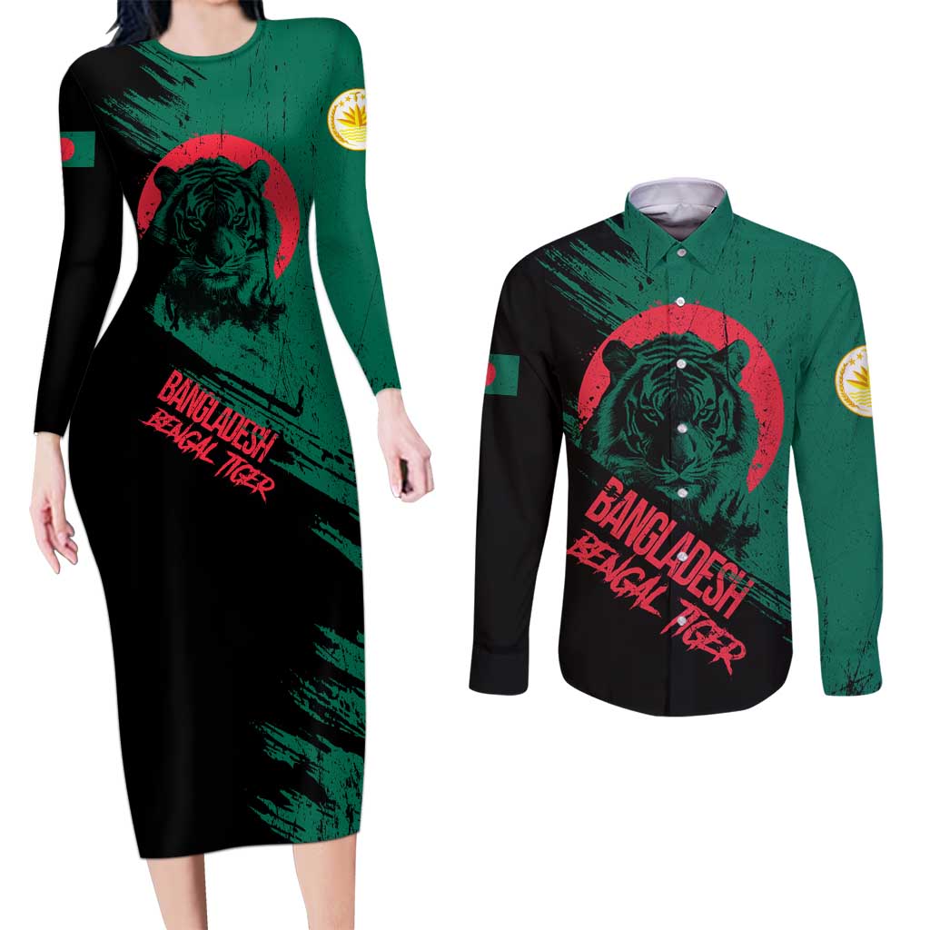 Bangladesh Bengal Tiger Couples Matching Long Sleeve Bodycon Dress and Long Sleeve Button Shirt with National Flag and Emblem Design