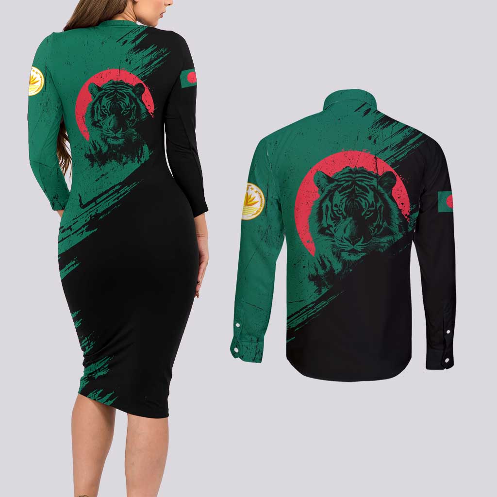 Bangladesh Bengal Tiger Couples Matching Long Sleeve Bodycon Dress and Long Sleeve Button Shirt with National Flag and Emblem Design