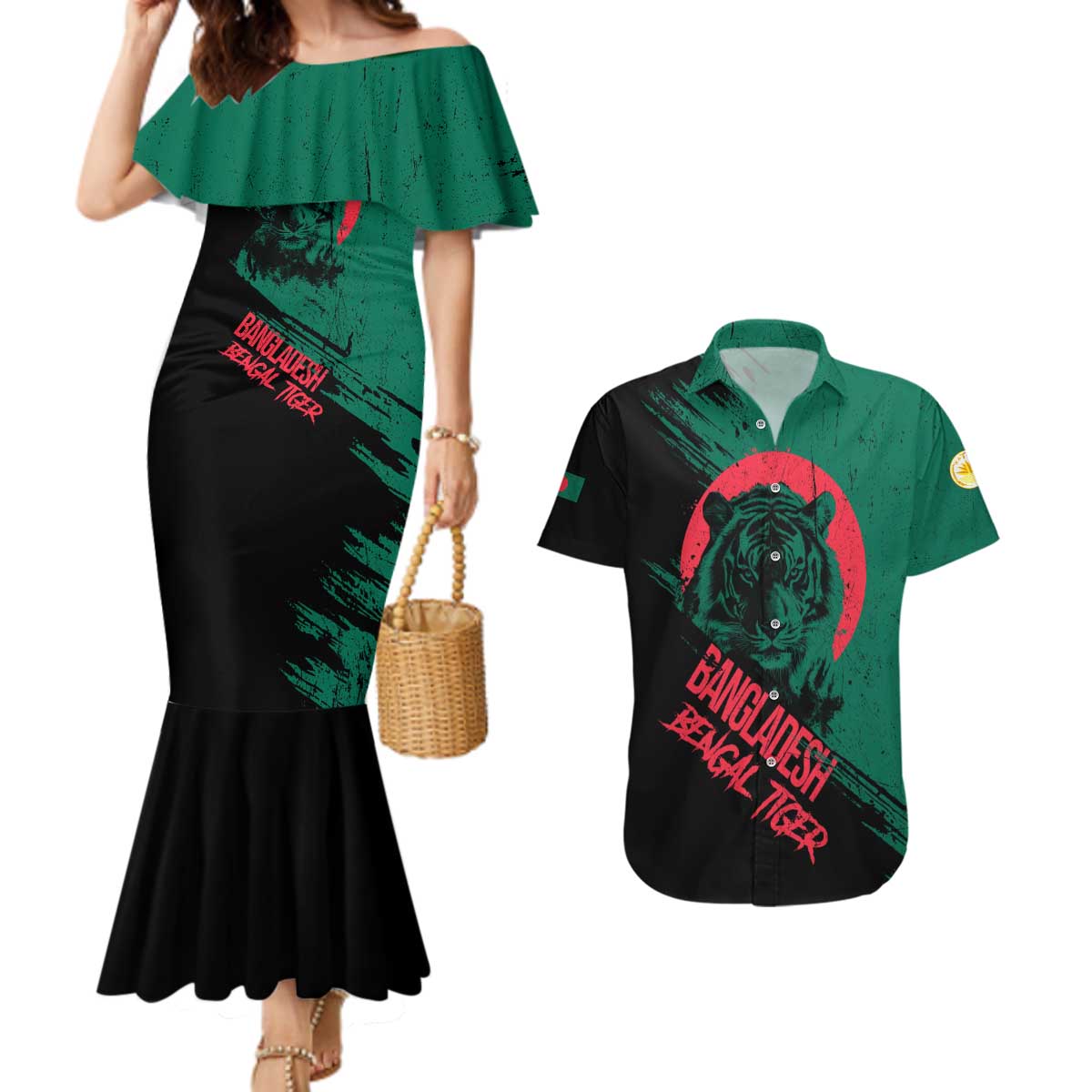 Bangladesh Bengal Tiger Couples Matching Mermaid Dress and Hawaiian Shirt with National Flag and Emblem Design