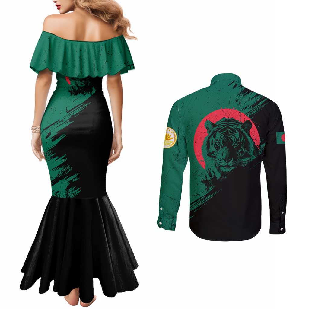 Bangladesh Bengal Tiger Couples Matching Mermaid Dress and Long Sleeve Button Shirt with National Flag and Emblem Design
