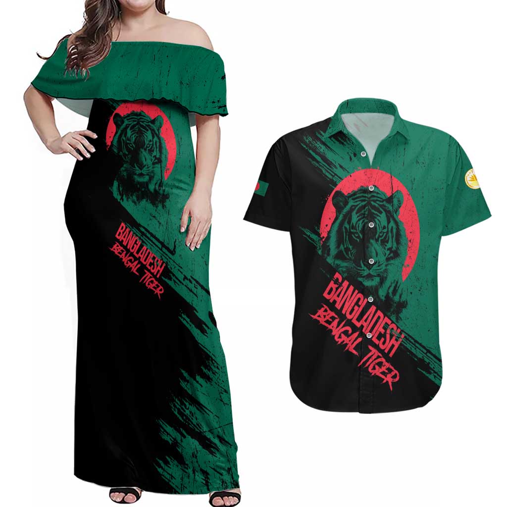 Bangladesh Bengal Tiger Couples Matching Off Shoulder Maxi Dress and Hawaiian Shirt with National Flag and Emblem Design