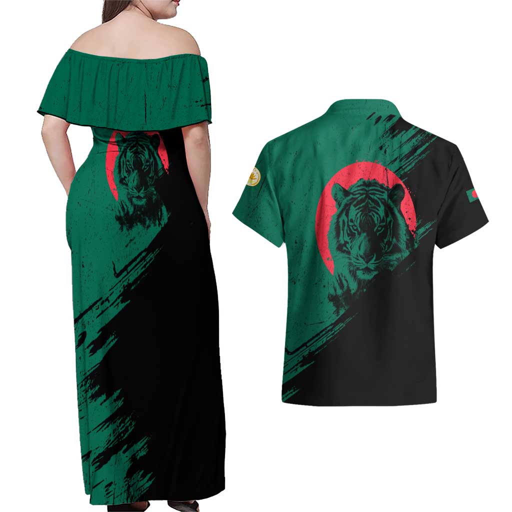 Bangladesh Bengal Tiger Couples Matching Off Shoulder Maxi Dress and Hawaiian Shirt with National Flag and Emblem Design