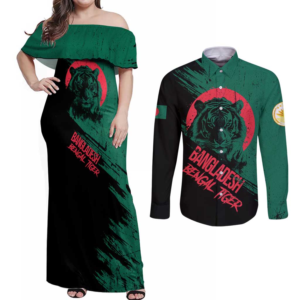 Bangladesh Bengal Tiger Couples Matching Off Shoulder Maxi Dress and Long Sleeve Button Shirt with National Flag and Emblem Design