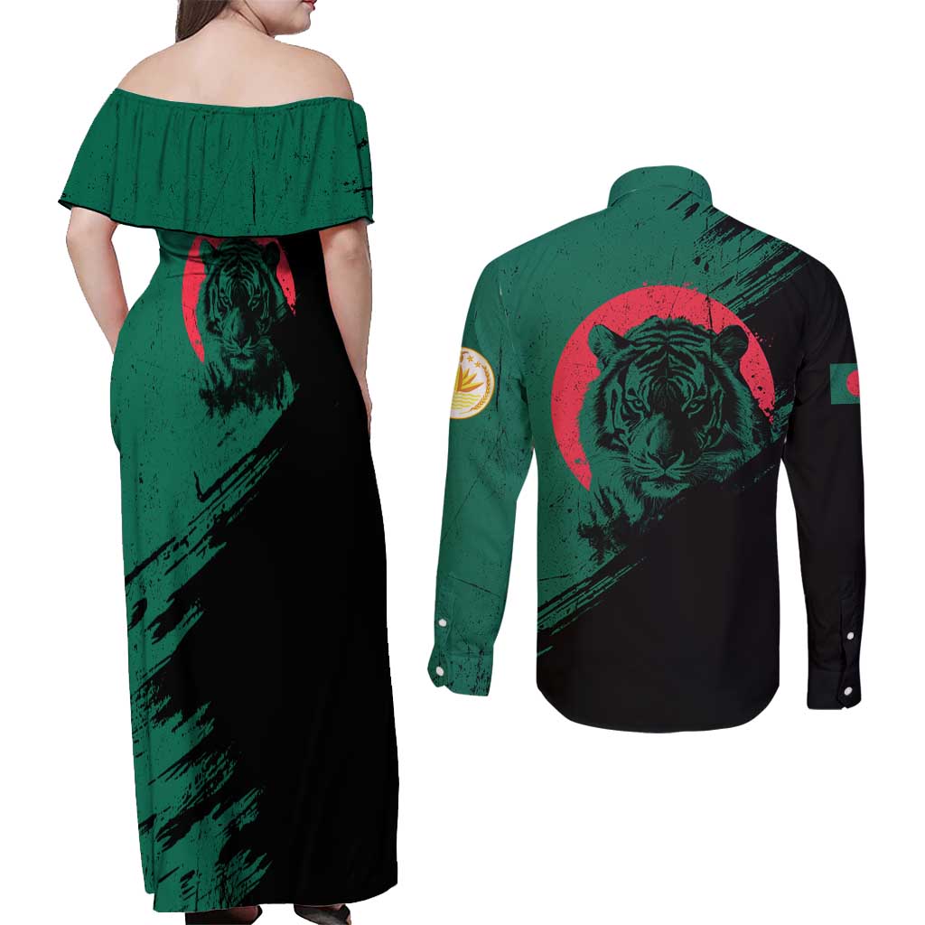 Bangladesh Bengal Tiger Couples Matching Off Shoulder Maxi Dress and Long Sleeve Button Shirt with National Flag and Emblem Design