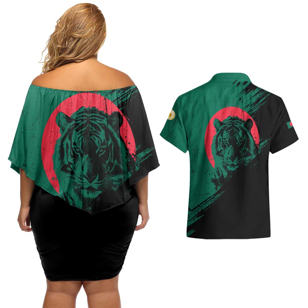 Bangladesh Bengal Tiger Couples Matching Off Shoulder Short Dress and Hawaiian Shirt with National Flag and Emblem Design