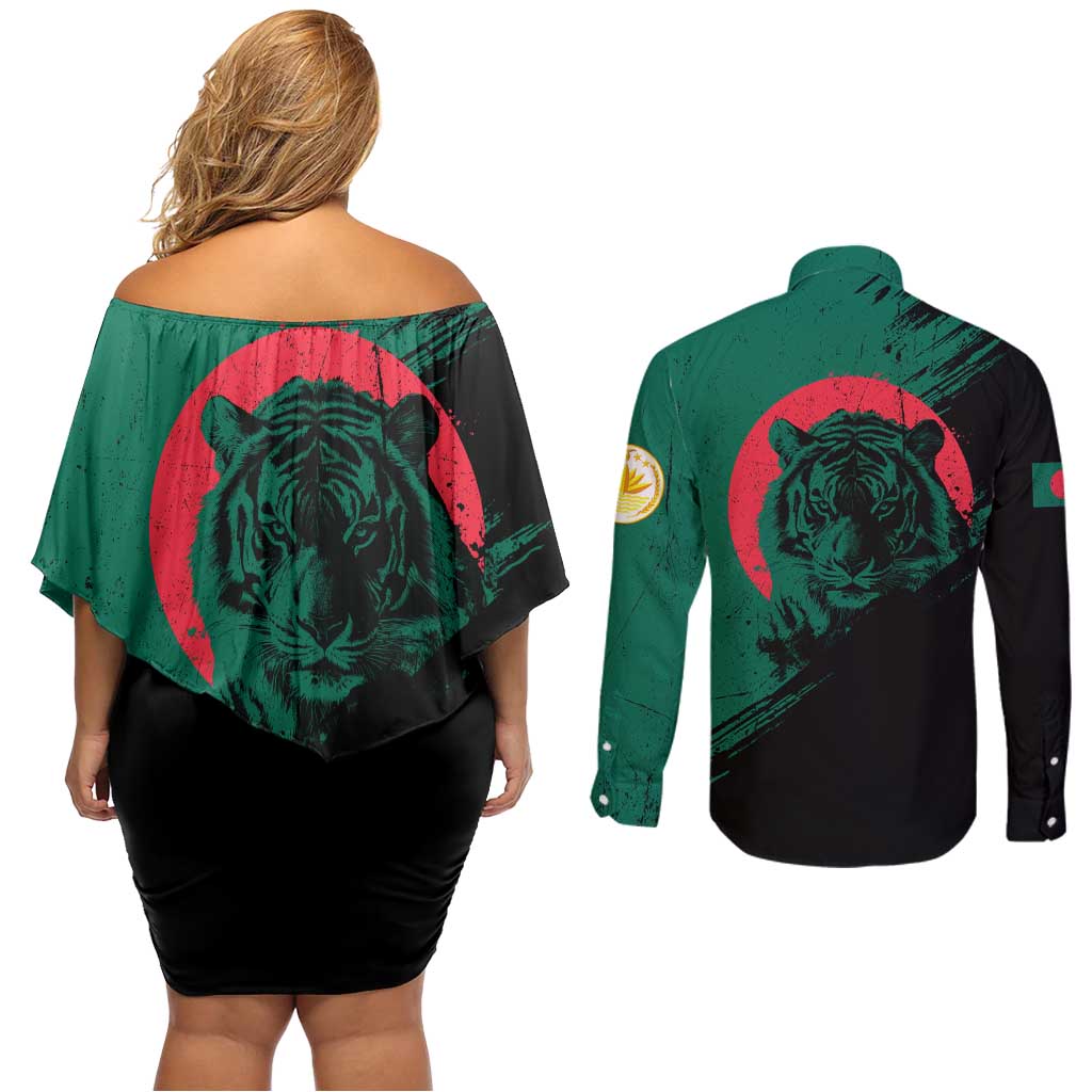 Bangladesh Bengal Tiger Couples Matching Off Shoulder Short Dress and Long Sleeve Button Shirt with National Flag and Emblem Design