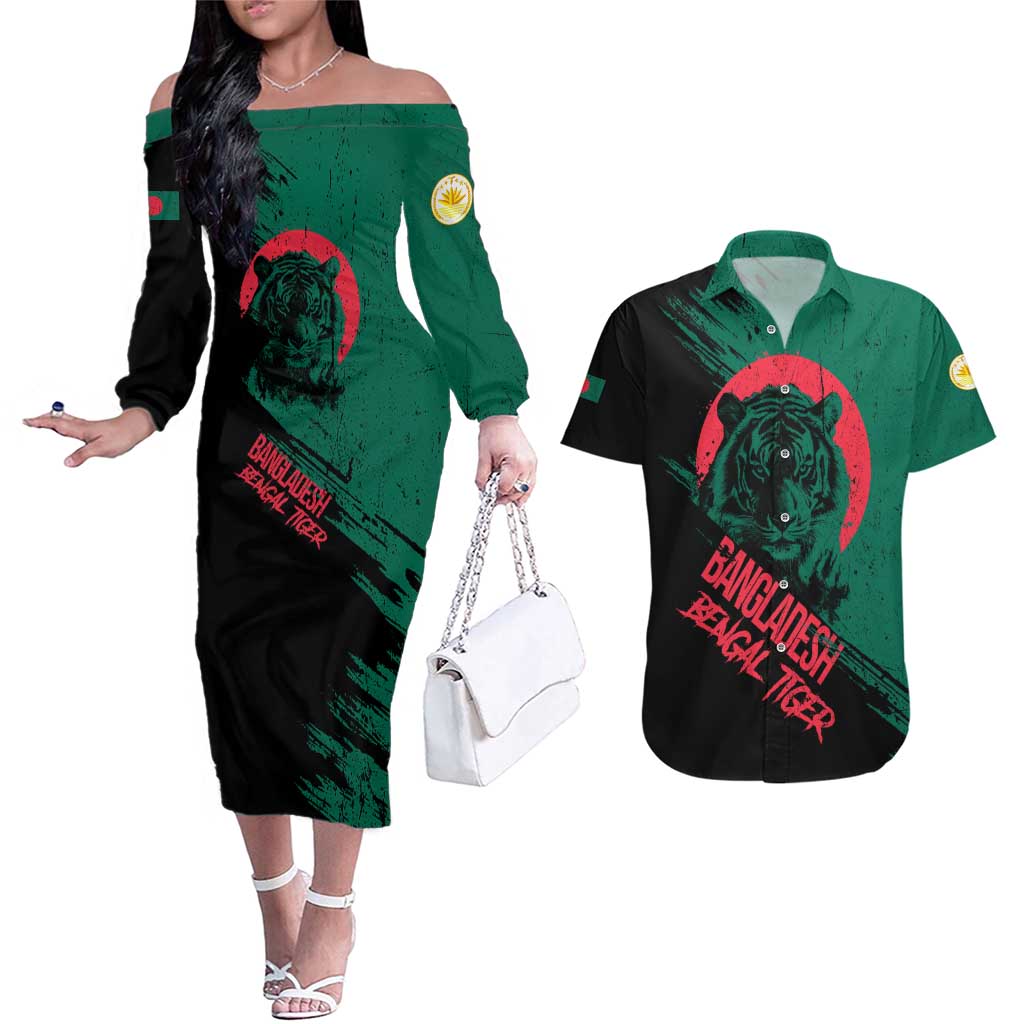Bangladesh Bengal Tiger Couples Matching Off The Shoulder Long Sleeve Dress and Hawaiian Shirt with National Flag and Emblem Design