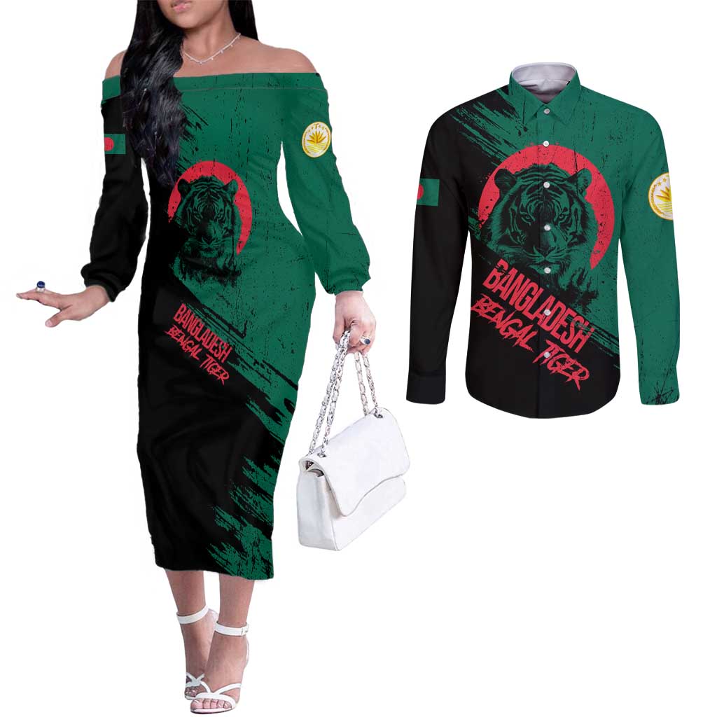 Bangladesh Bengal Tiger Couples Matching Off The Shoulder Long Sleeve Dress and Long Sleeve Button Shirt with National Flag and Emblem Design