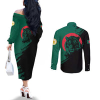 Bangladesh Bengal Tiger Couples Matching Off The Shoulder Long Sleeve Dress and Long Sleeve Button Shirt with National Flag and Emblem Design