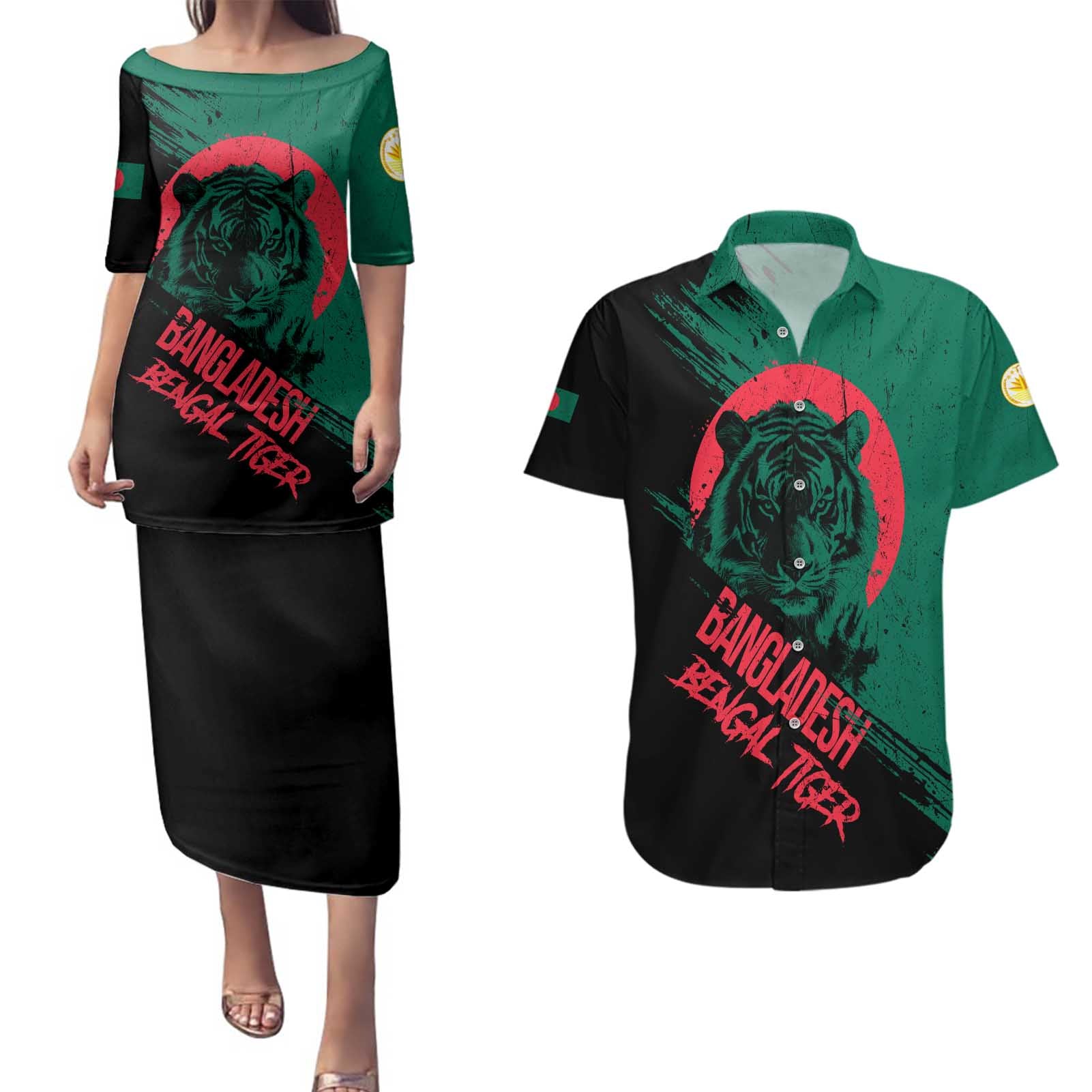 Bangladesh Bengal Tiger Couples Matching Puletasi and Hawaiian Shirt with National Flag and Emblem Design