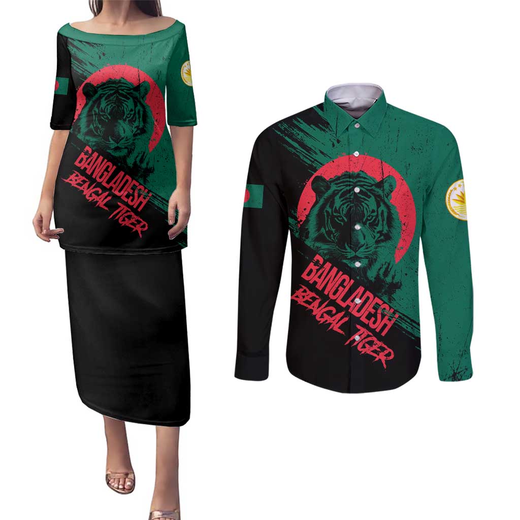 Bangladesh Bengal Tiger Couples Matching Puletasi and Long Sleeve Button Shirt with National Flag and Emblem Design