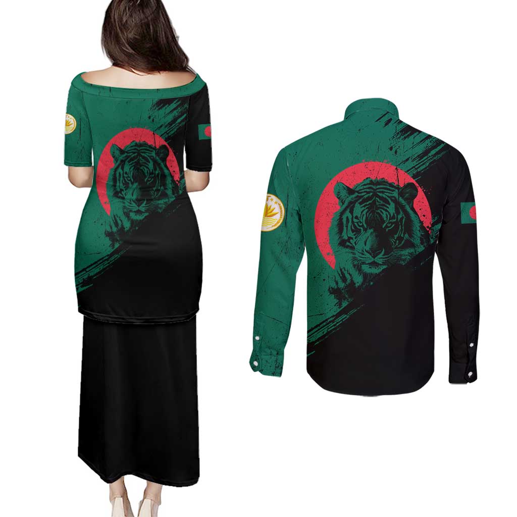 Bangladesh Bengal Tiger Couples Matching Puletasi and Long Sleeve Button Shirt with National Flag and Emblem Design