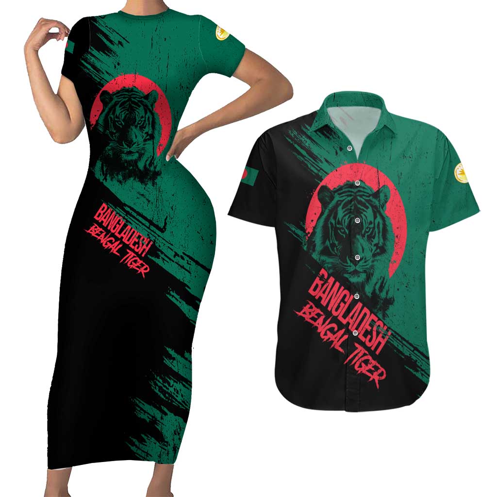 Bangladesh Bengal Tiger Couples Matching Short Sleeve Bodycon Dress and Hawaiian Shirt with National Flag and Emblem Design