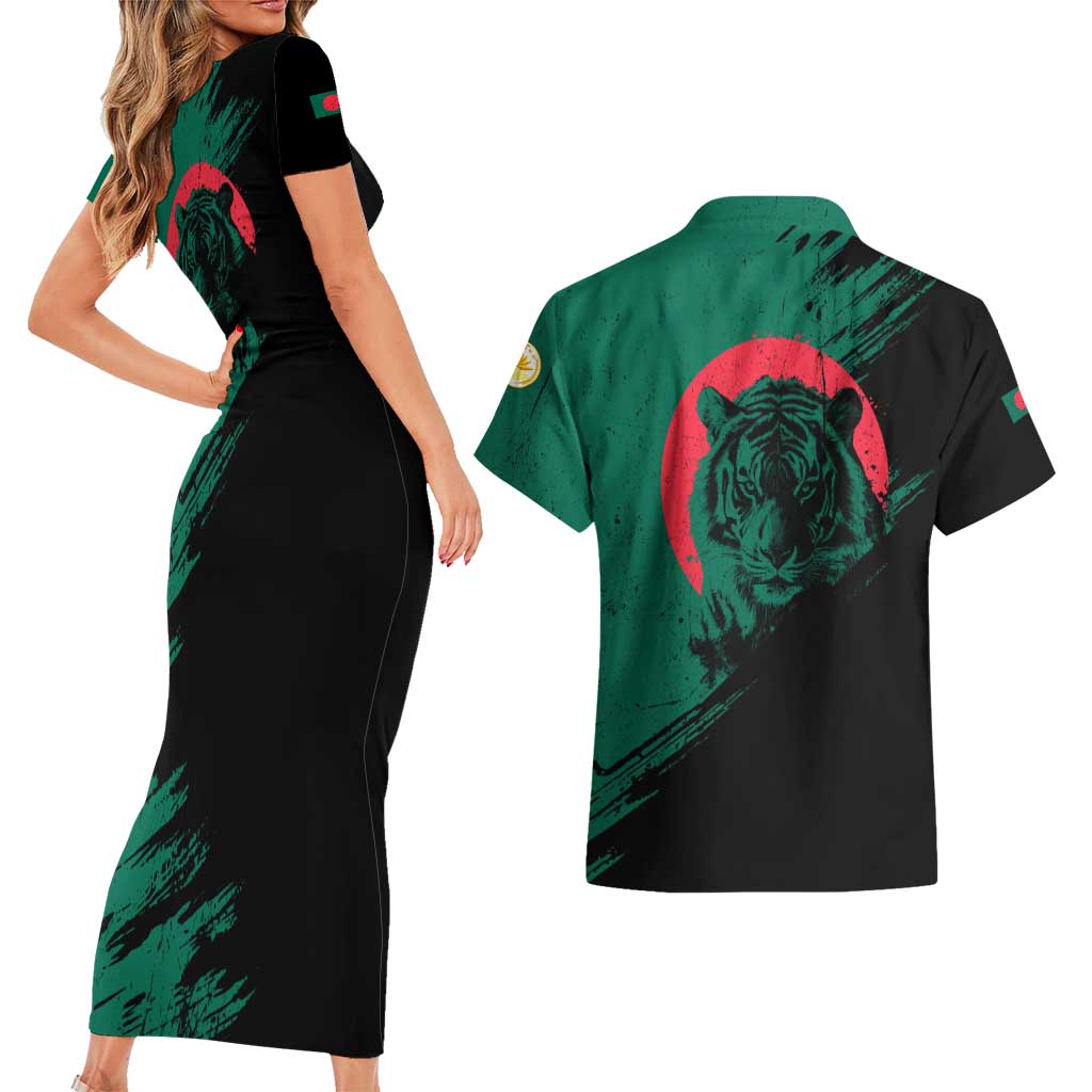 Bangladesh Bengal Tiger Couples Matching Short Sleeve Bodycon Dress and Hawaiian Shirt with National Flag and Emblem Design