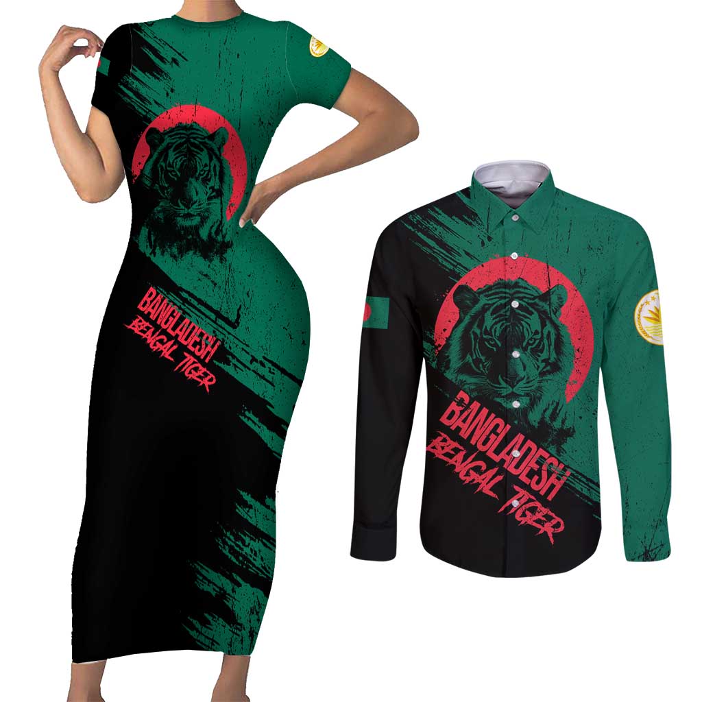 Bangladesh Bengal Tiger Couples Matching Short Sleeve Bodycon Dress and Long Sleeve Button Shirt with National Flag and Emblem Design