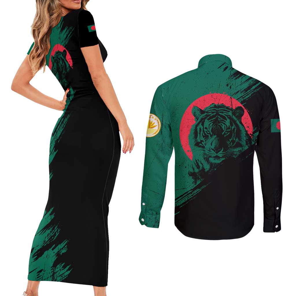 Bangladesh Bengal Tiger Couples Matching Short Sleeve Bodycon Dress and Long Sleeve Button Shirt with National Flag and Emblem Design