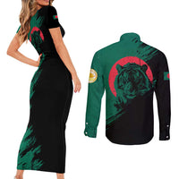 Bangladesh Bengal Tiger Couples Matching Short Sleeve Bodycon Dress and Long Sleeve Button Shirt with National Flag and Emblem Design