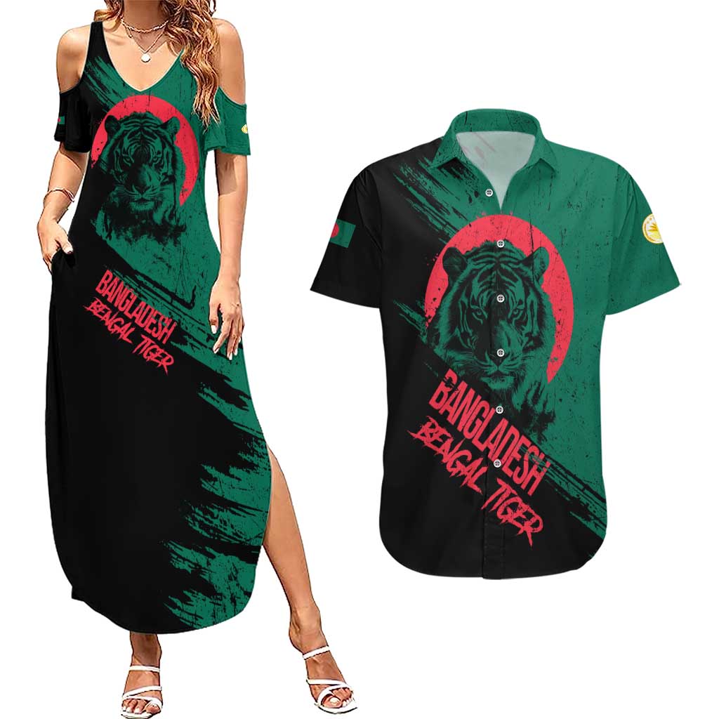 Bangladesh Bengal Tiger Couples Matching Summer Maxi Dress and Hawaiian Shirt with National Flag and Emblem Design