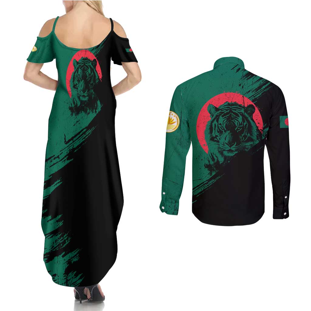 Bangladesh Bengal Tiger Couples Matching Summer Maxi Dress and Long Sleeve Button Shirt with National Flag and Emblem Design