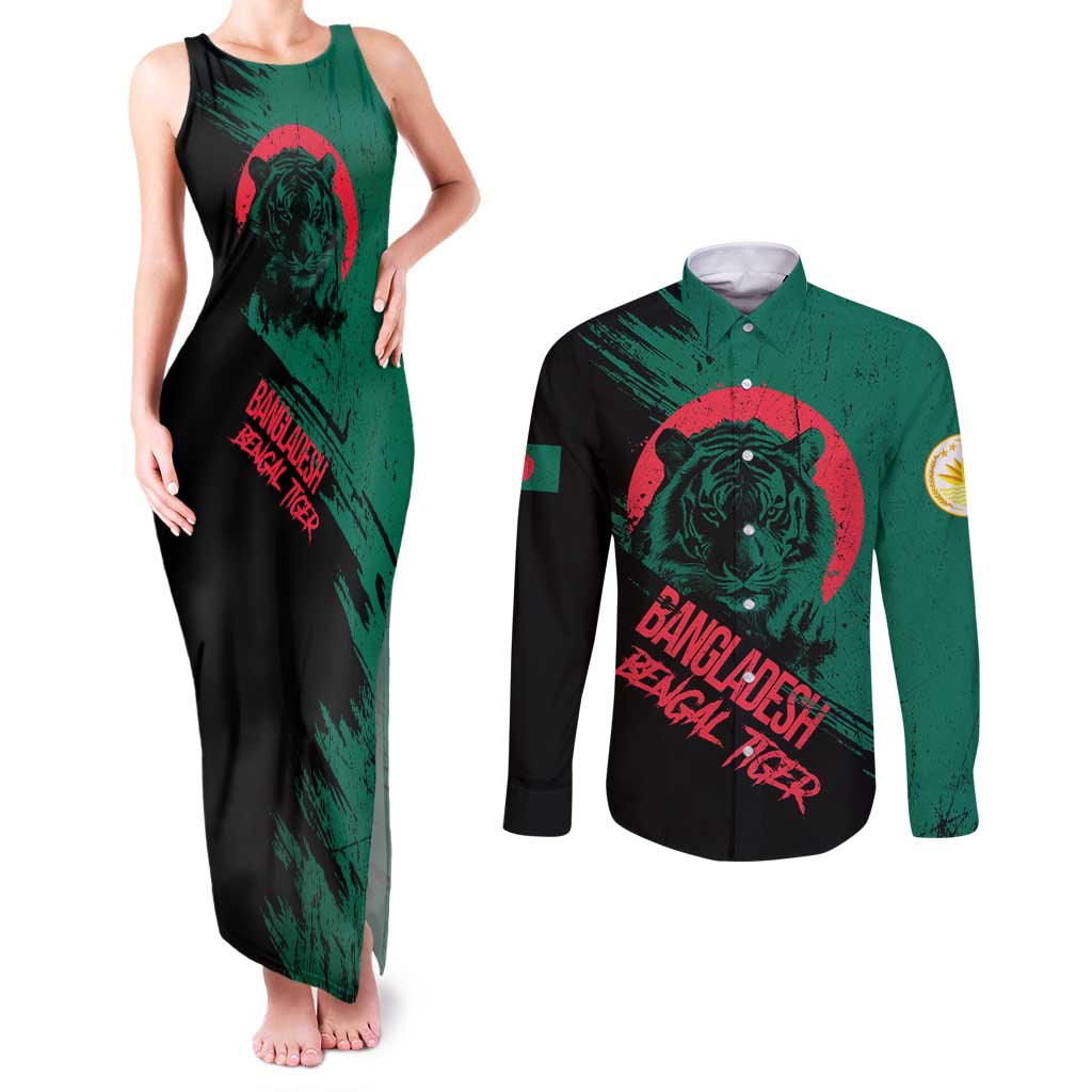 Bangladesh Bengal Tiger Couples Matching Tank Maxi Dress and Long Sleeve Button Shirt with National Flag and Emblem Design