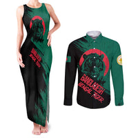 Bangladesh Bengal Tiger Couples Matching Tank Maxi Dress and Long Sleeve Button Shirt with National Flag and Emblem Design