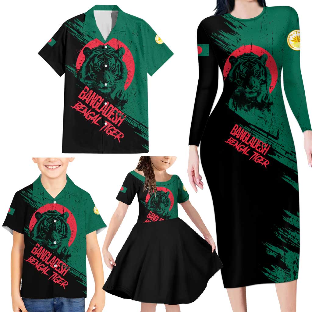 Bangladesh Bengal Tiger Family Matching Long Sleeve Bodycon Dress and Hawaiian Shirt with National Flag and Emblem Design
