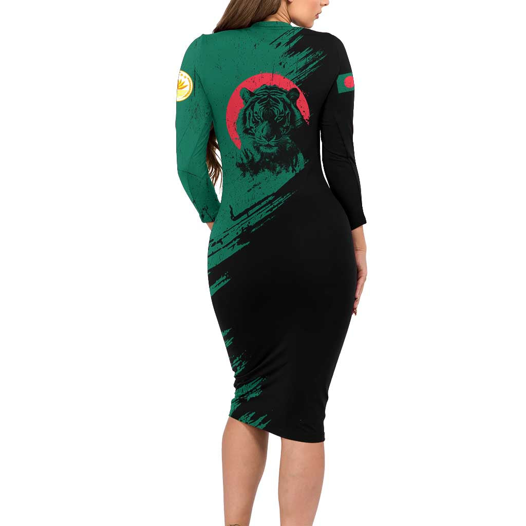 Bangladesh Bengal Tiger Family Matching Long Sleeve Bodycon Dress and Hawaiian Shirt with National Flag and Emblem Design