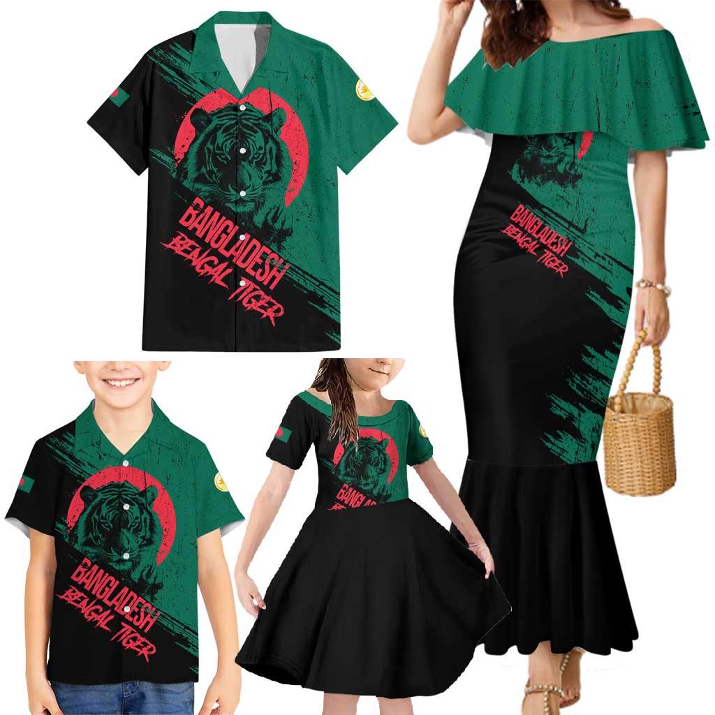 Bangladesh Bengal Tiger Family Matching Mermaid Dress and Hawaiian Shirt with National Flag and Emblem Design