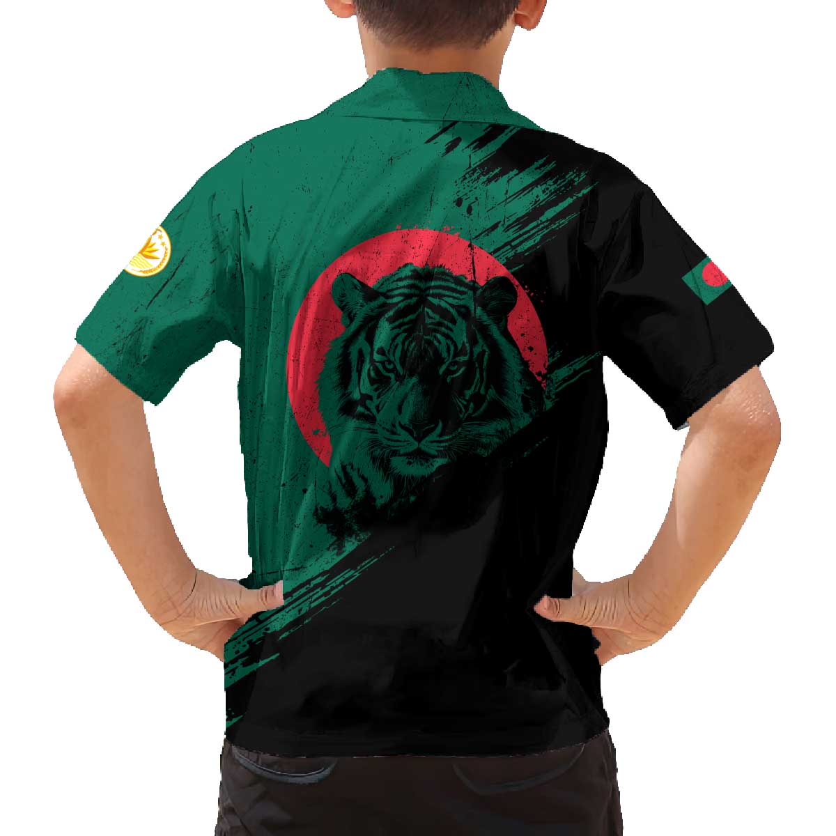 Bangladesh Bengal Tiger Family Matching Off The Shoulder Long Sleeve Dress and Hawaiian Shirt with National Flag and Emblem Design