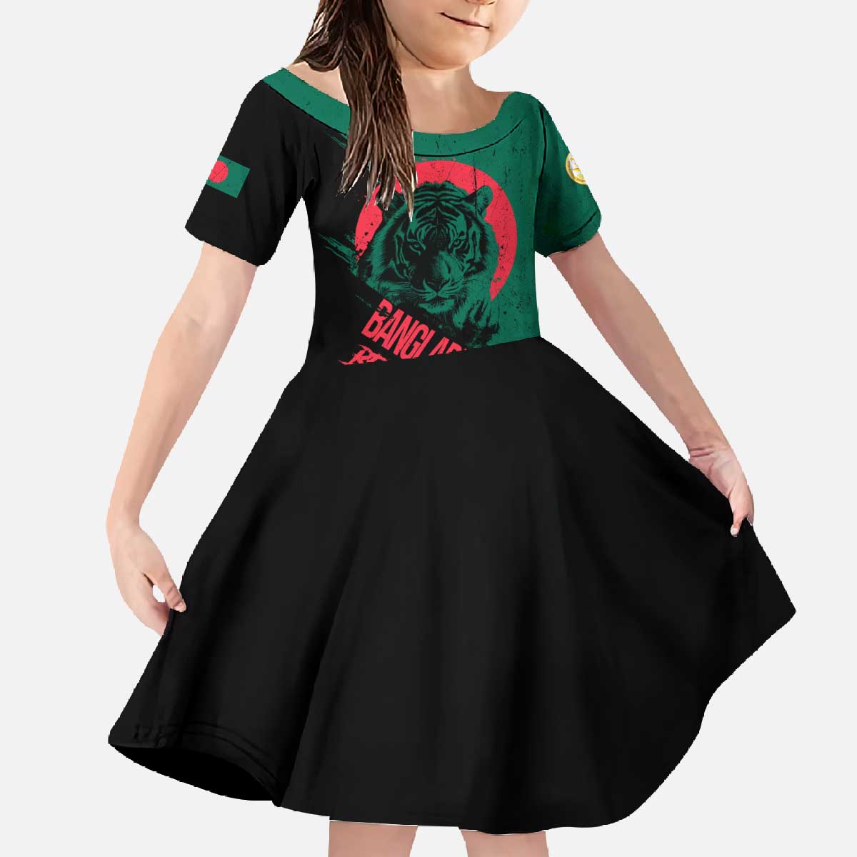 Bangladesh Bengal Tiger Family Matching Off The Shoulder Long Sleeve Dress and Hawaiian Shirt with National Flag and Emblem Design