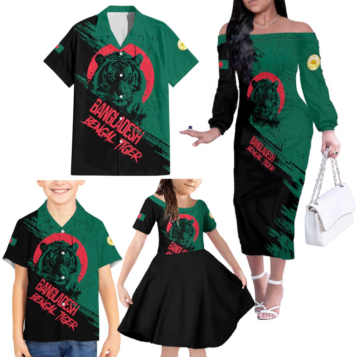 Bangladesh Bengal Tiger Family Matching Off The Shoulder Long Sleeve Dress and Hawaiian Shirt with National Flag and Emblem Design