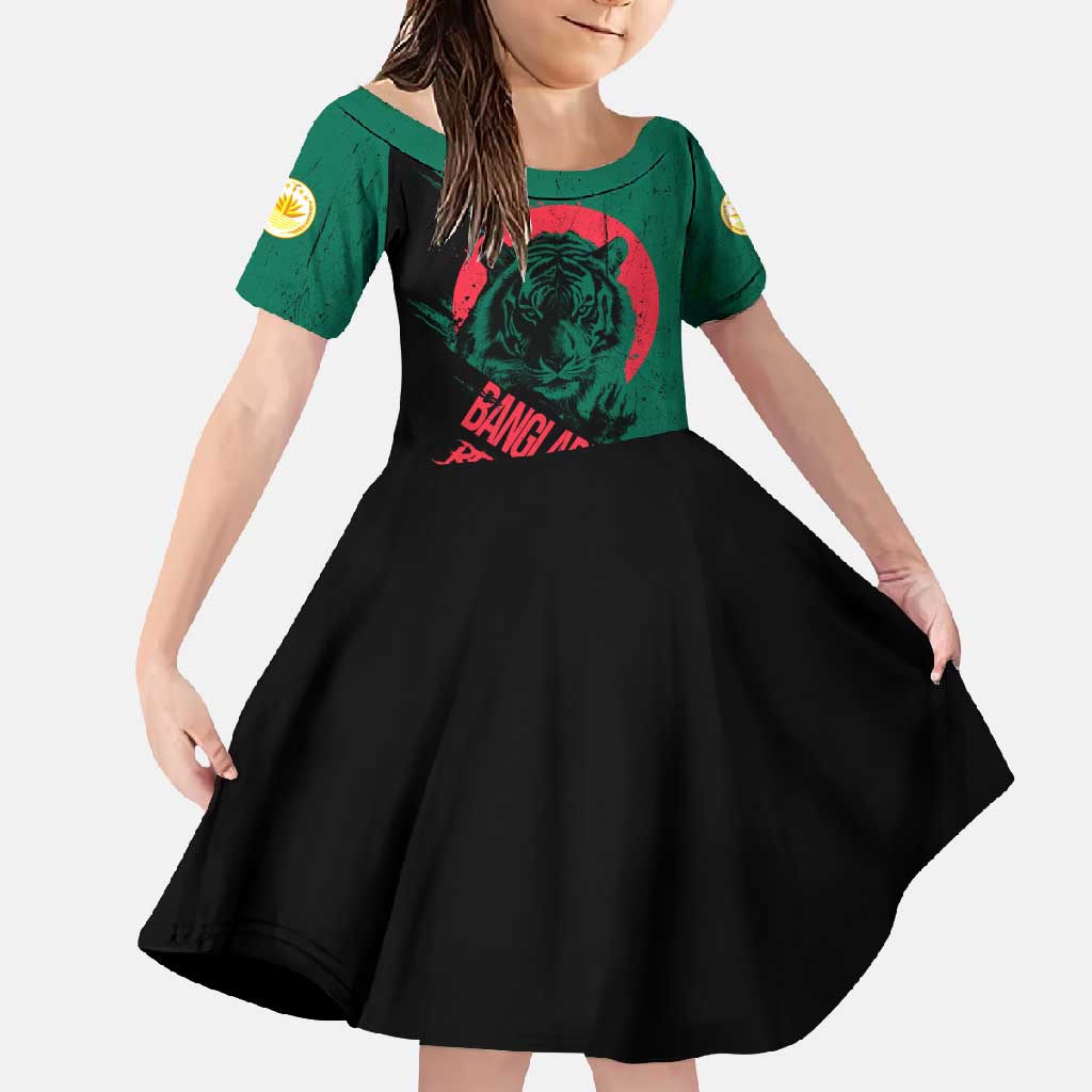 Bangladesh Bengal Tiger Family Matching Off Shoulder Maxi Dress and Hawaiian Shirt with National Flag and Emblem Design