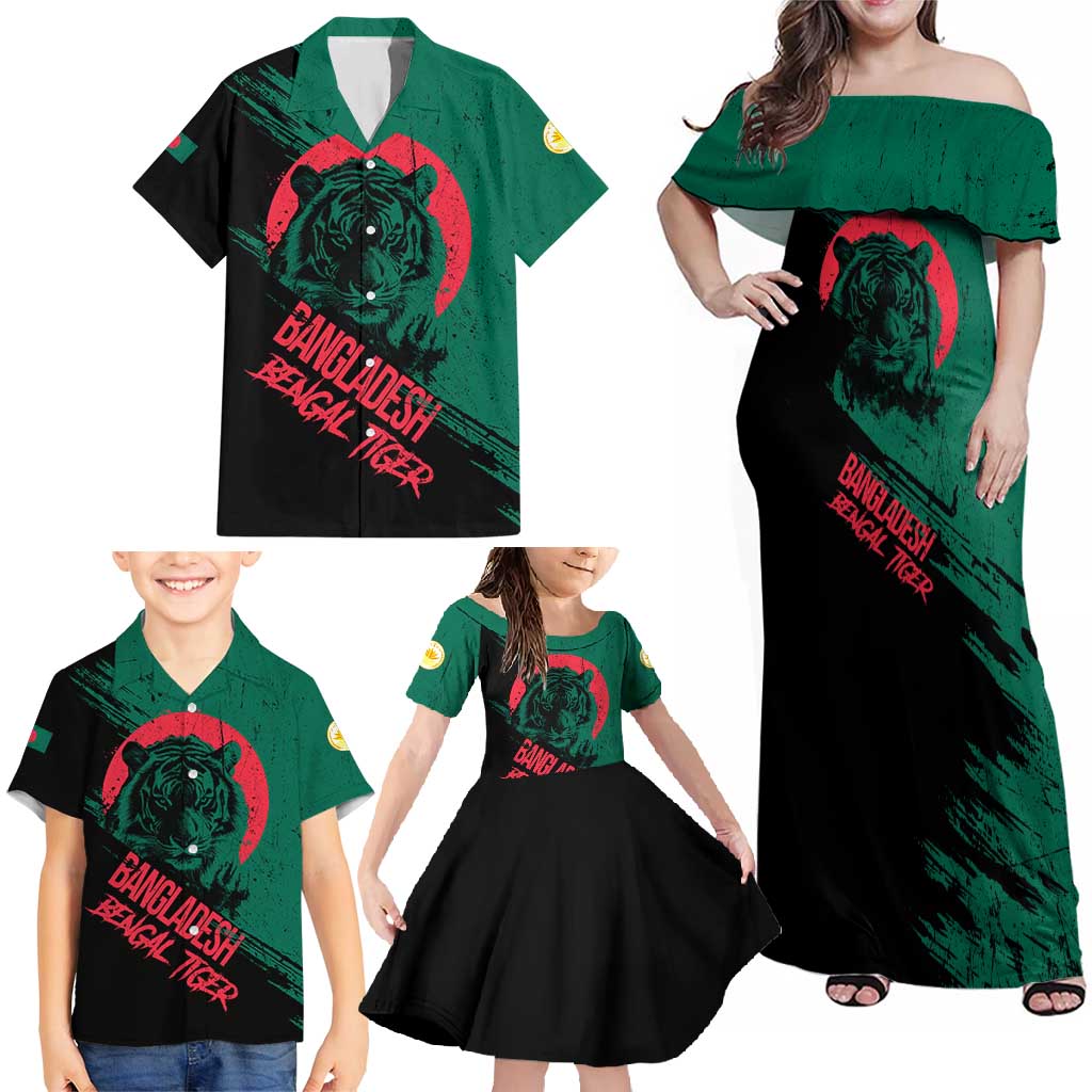 Bangladesh Bengal Tiger Family Matching Off Shoulder Maxi Dress and Hawaiian Shirt with National Flag and Emblem Design