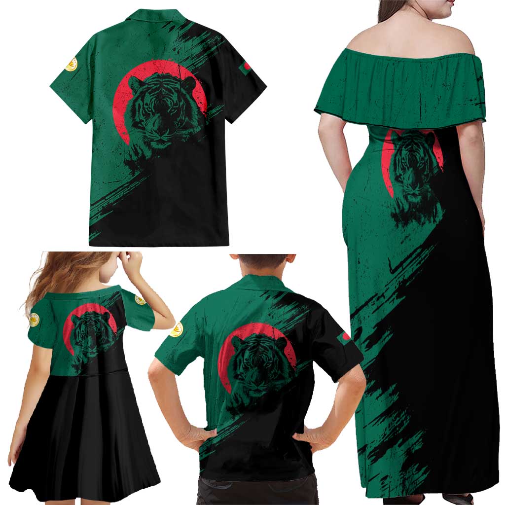 Bangladesh Bengal Tiger Family Matching Off Shoulder Maxi Dress and Hawaiian Shirt with National Flag and Emblem Design
