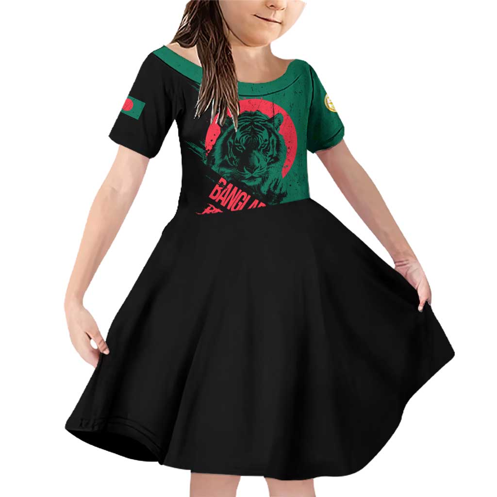 Bangladesh Bengal Tiger Family Matching Off Shoulder Short Dress and Hawaiian Shirt with National Flag and Emblem Design