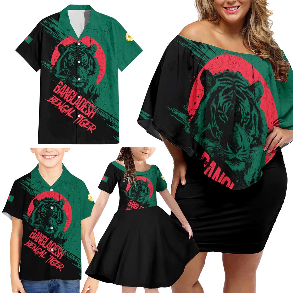 Bangladesh Bengal Tiger Family Matching Off Shoulder Short Dress and Hawaiian Shirt with National Flag and Emblem Design