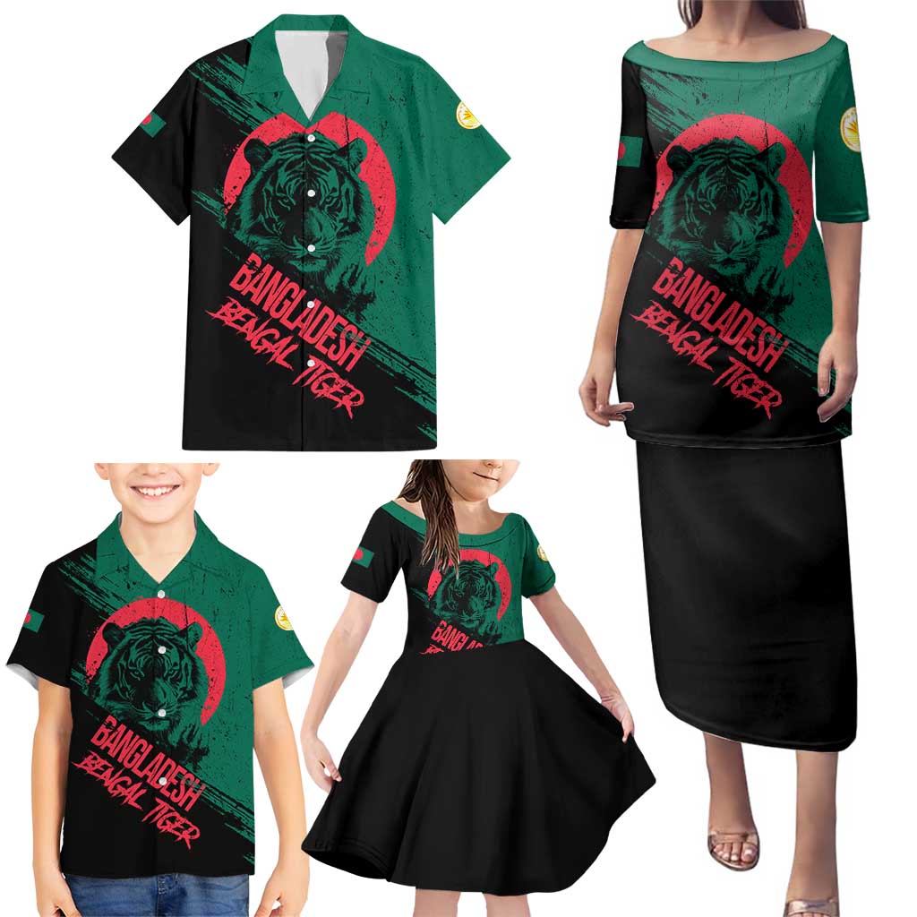Bangladesh Bengal Tiger Family Matching Puletasi and Hawaiian Shirt with National Flag and Emblem Design