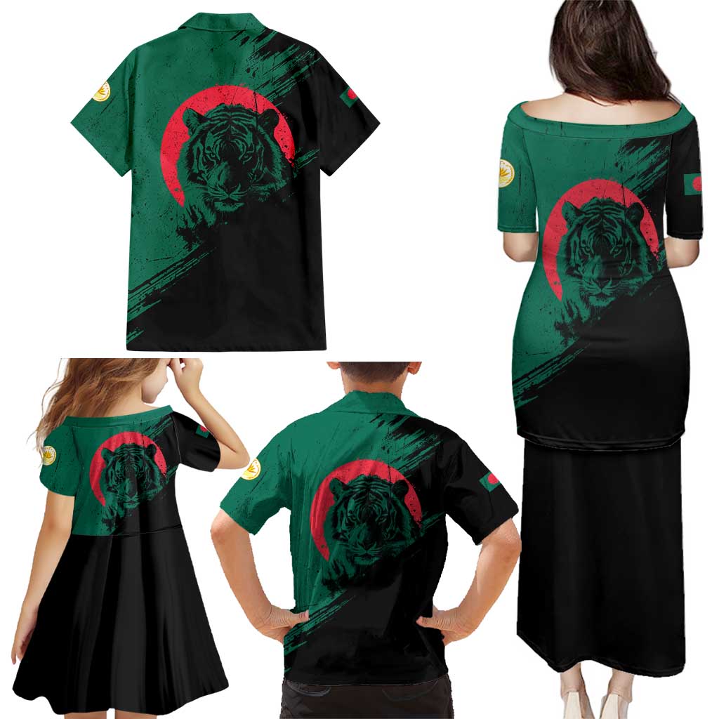 Bangladesh Bengal Tiger Family Matching Puletasi and Hawaiian Shirt with National Flag and Emblem Design