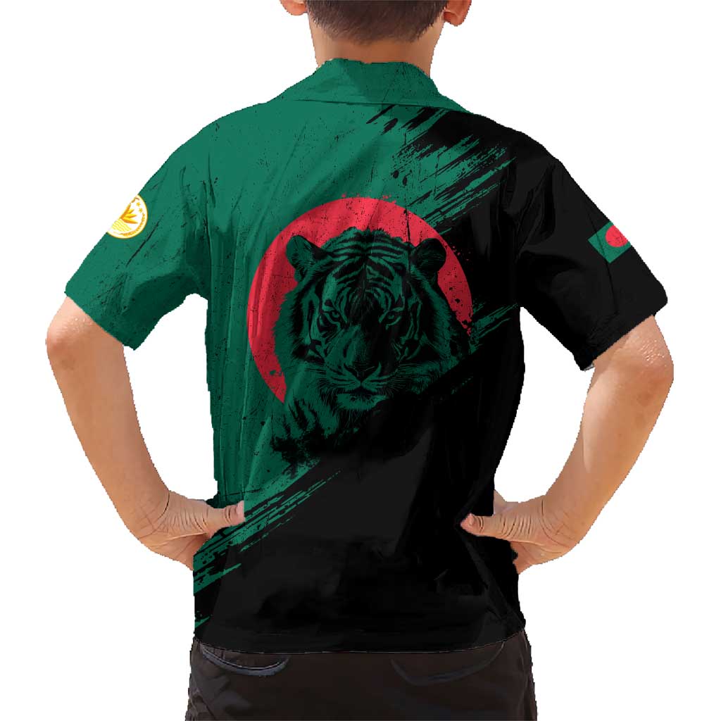 Bangladesh Bengal Tiger Family Matching Short Sleeve Bodycon Dress and Hawaiian Shirt with National Flag and Emblem Design