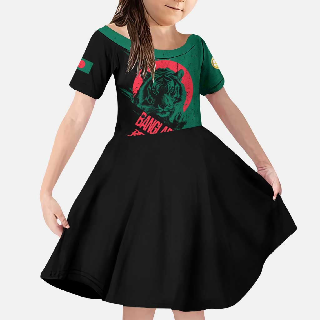 Bangladesh Bengal Tiger Family Matching Short Sleeve Bodycon Dress and Hawaiian Shirt with National Flag and Emblem Design