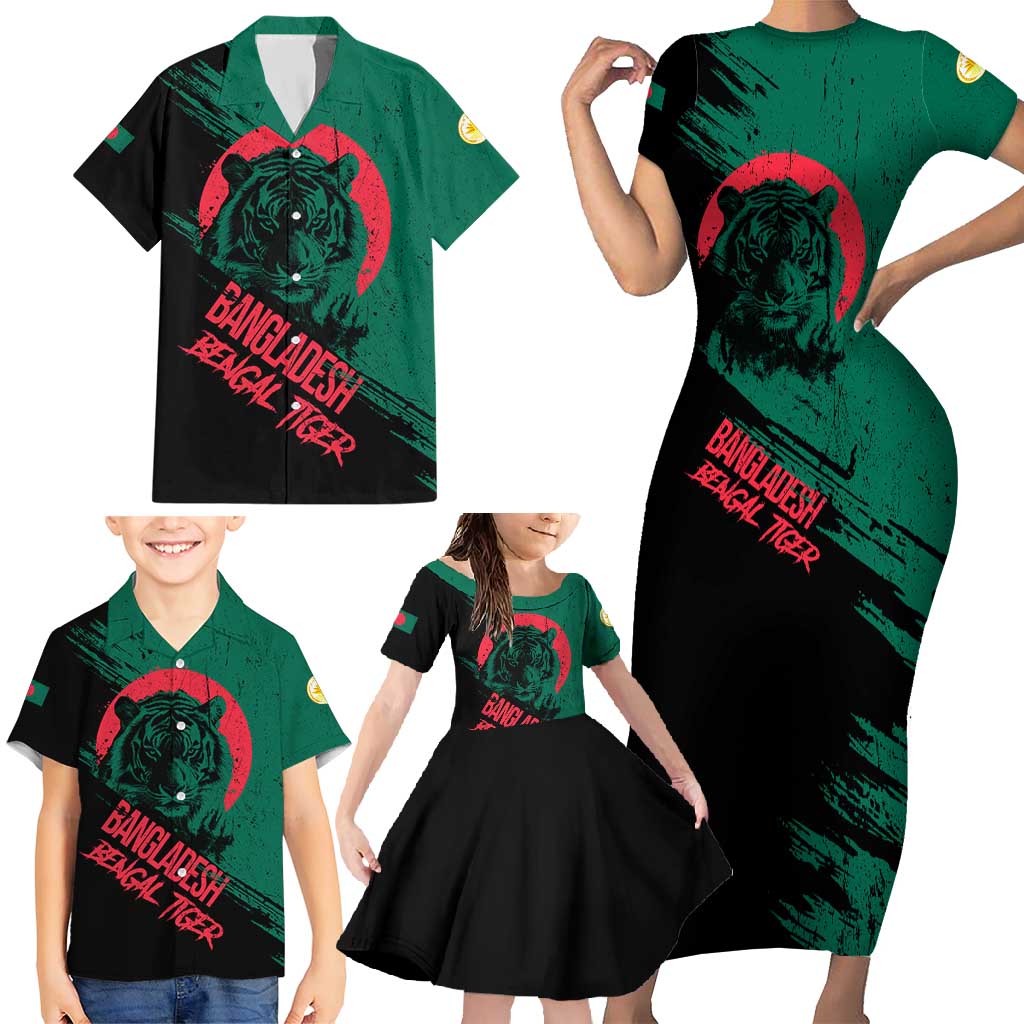 Bangladesh Bengal Tiger Family Matching Short Sleeve Bodycon Dress and Hawaiian Shirt with National Flag and Emblem Design