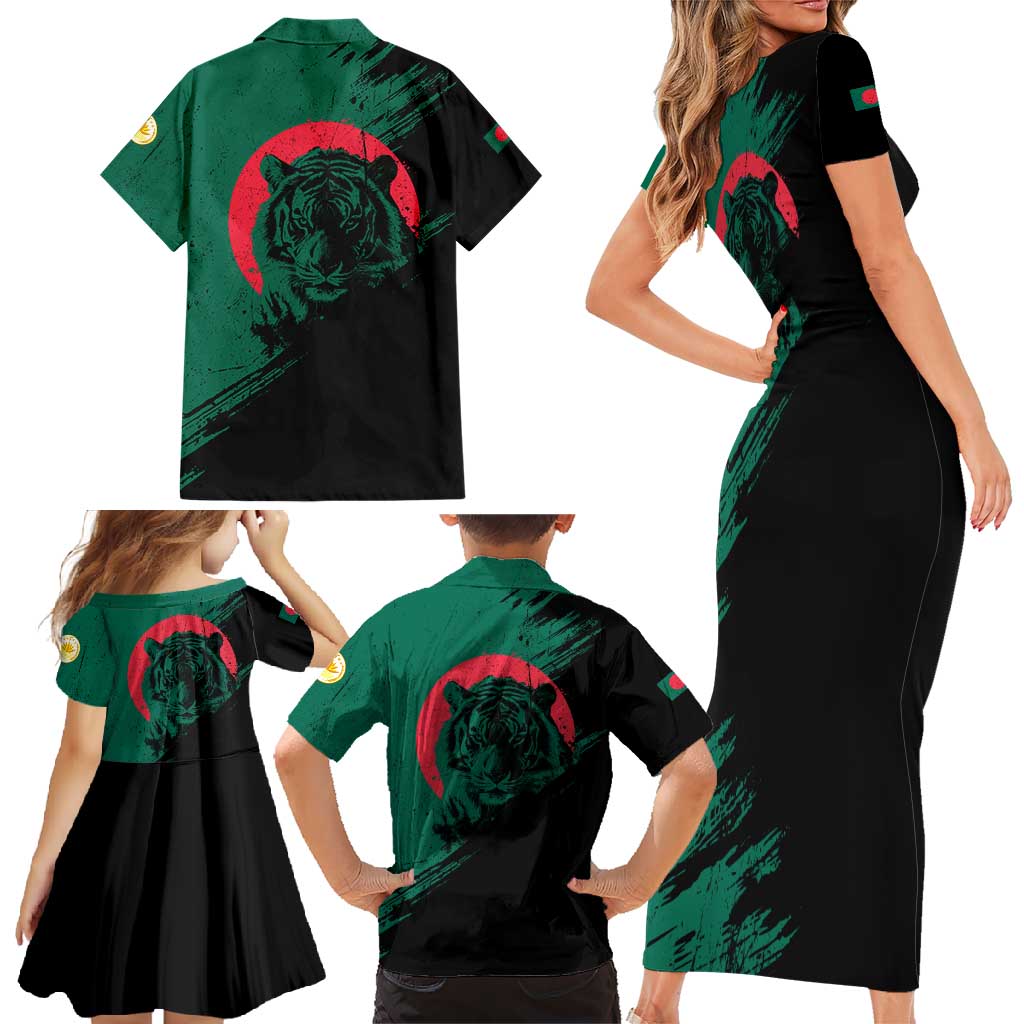 Bangladesh Bengal Tiger Family Matching Short Sleeve Bodycon Dress and Hawaiian Shirt with National Flag and Emblem Design