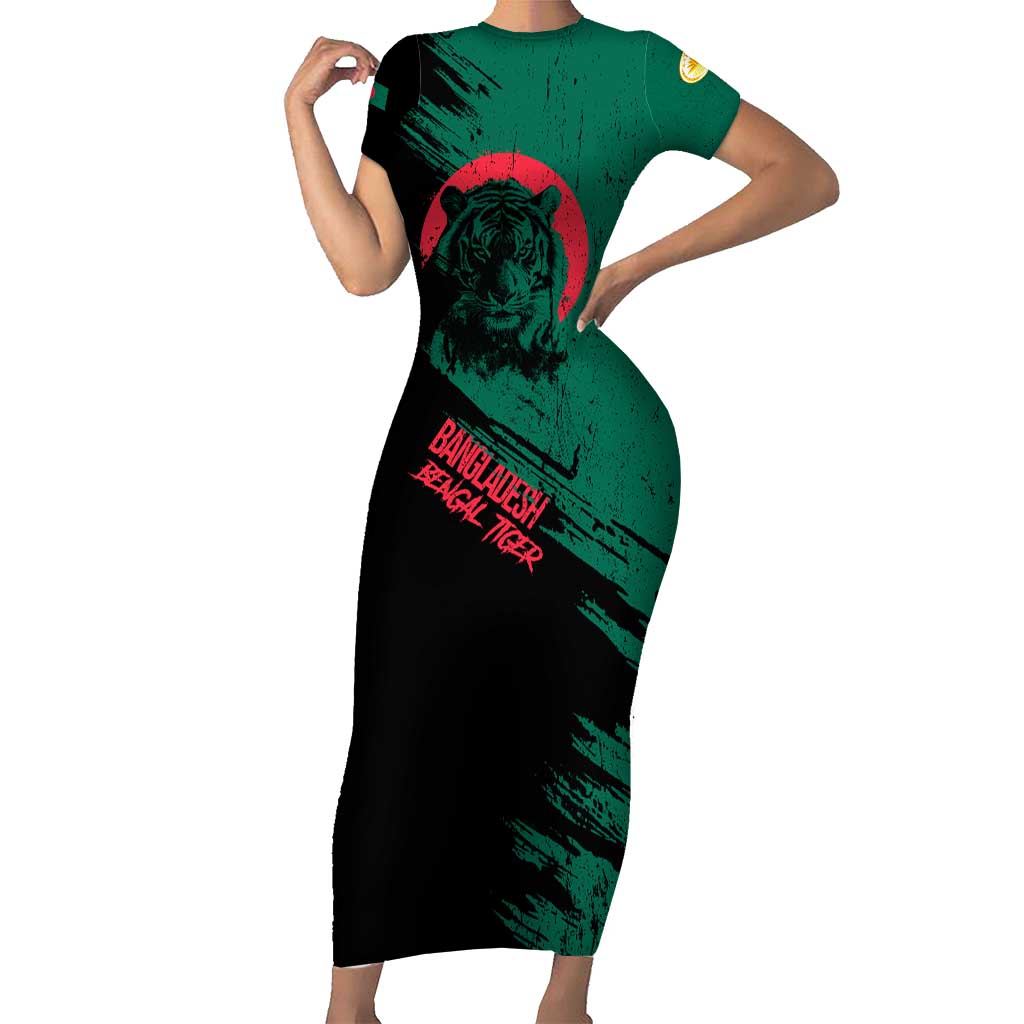 Bangladesh Bengal Tiger Family Matching Short Sleeve Bodycon Dress and Hawaiian Shirt with National Flag and Emblem Design