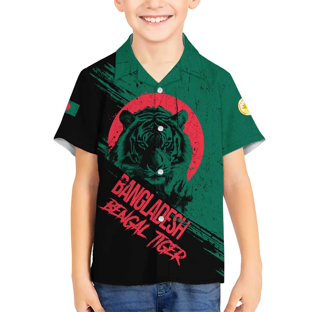 Bangladesh Bengal Tiger Family Matching Short Sleeve Bodycon Dress and Hawaiian Shirt with National Flag and Emblem Design