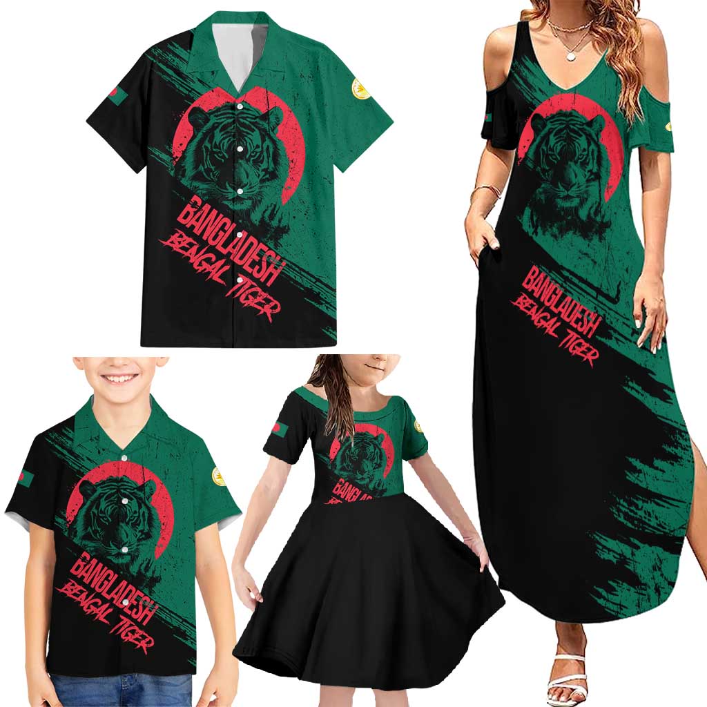 Bangladesh Bengal Tiger Family Matching Summer Maxi Dress and Hawaiian Shirt with National Flag and Emblem Design