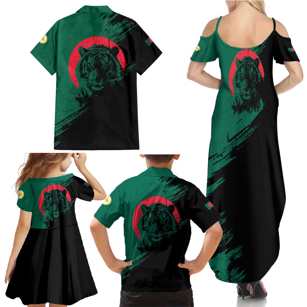 Bangladesh Bengal Tiger Family Matching Summer Maxi Dress and Hawaiian Shirt with National Flag and Emblem Design