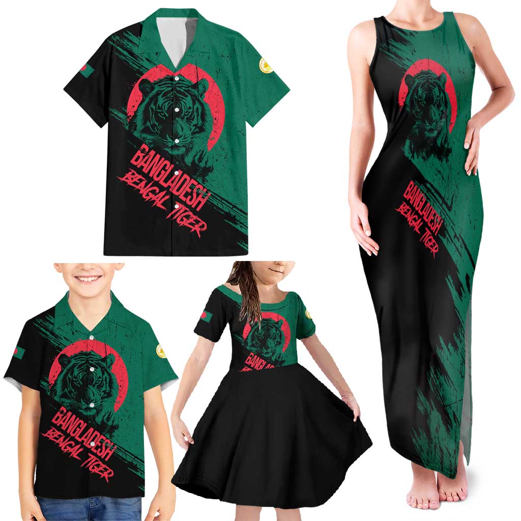 Bangladesh Bengal Tiger Family Matching Tank Maxi Dress and Hawaiian Shirt with National Flag and Emblem Design