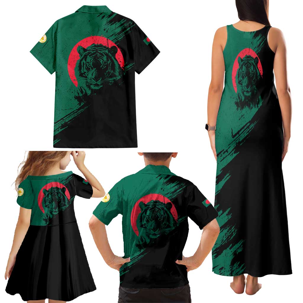 Bangladesh Bengal Tiger Family Matching Tank Maxi Dress and Hawaiian Shirt with National Flag and Emblem Design